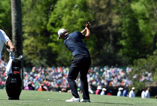 Adam Scott of Australia plays a shot during a practice round prior to the start of the 80th Masters Golf Tournament at the Augusta National Golf Club on April 4, 2016, in Augusta, Georgia. / AFP / DON EMMERT