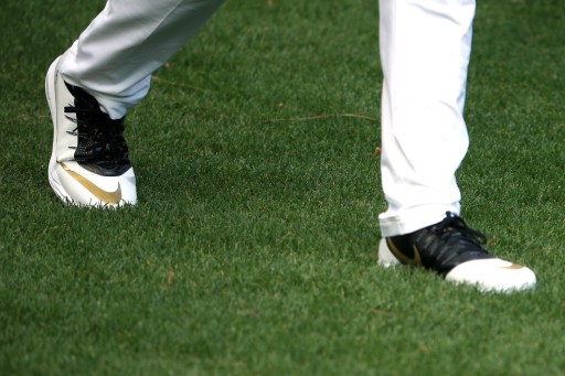 AUGUSTA, GEORGIA - APRIL 07: A detail of the Nike shoes Rory McIlroy of Northern Ireland during the first round of the 2016 Masters Tournament at Augusta National Golf Club on April 7, 2016 in Augusta, Georgia. Andrew Redington/Getty Images/AFP