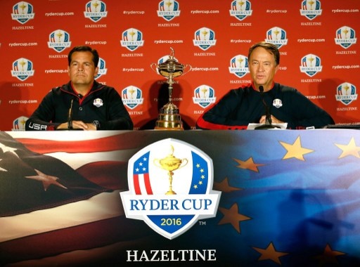 NEW YORK, NY - AUGUST 29: Derek Sprague, President of the PGA of America (L) and Davis Love III United States Ryder Cup Captain with the Ryder Cup during a press conference for Ryder Cup announcements at New York Hilton Midtown on August 29, 2016 in New York City. Michael Cohen/Getty Images/AFP