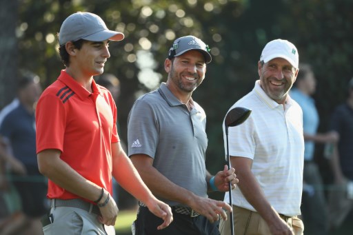 AUGUSTA Joaquin Niemann, Sergio Garcia e Jose Maria Olazabal nel giro di prova prima della gara (foto Afp).