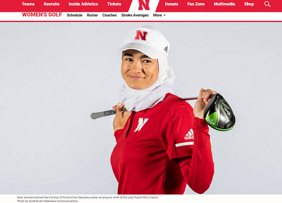 Noor Amhed, la 20enne Usa che gioca a golf con l'hijab (foto Huskers.com).