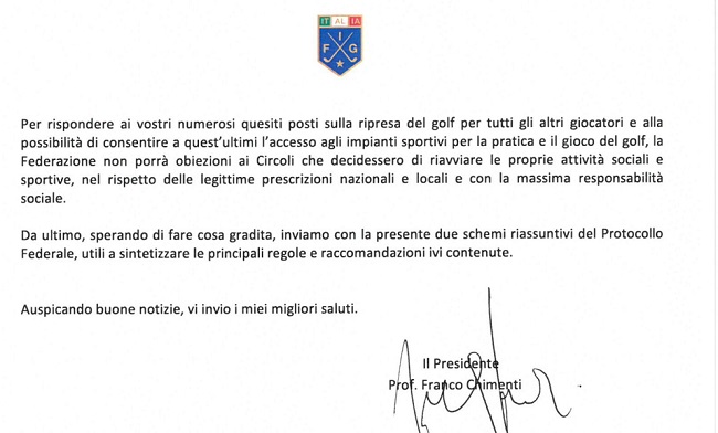 Il passaggio più importante nella lettera di Federgolf