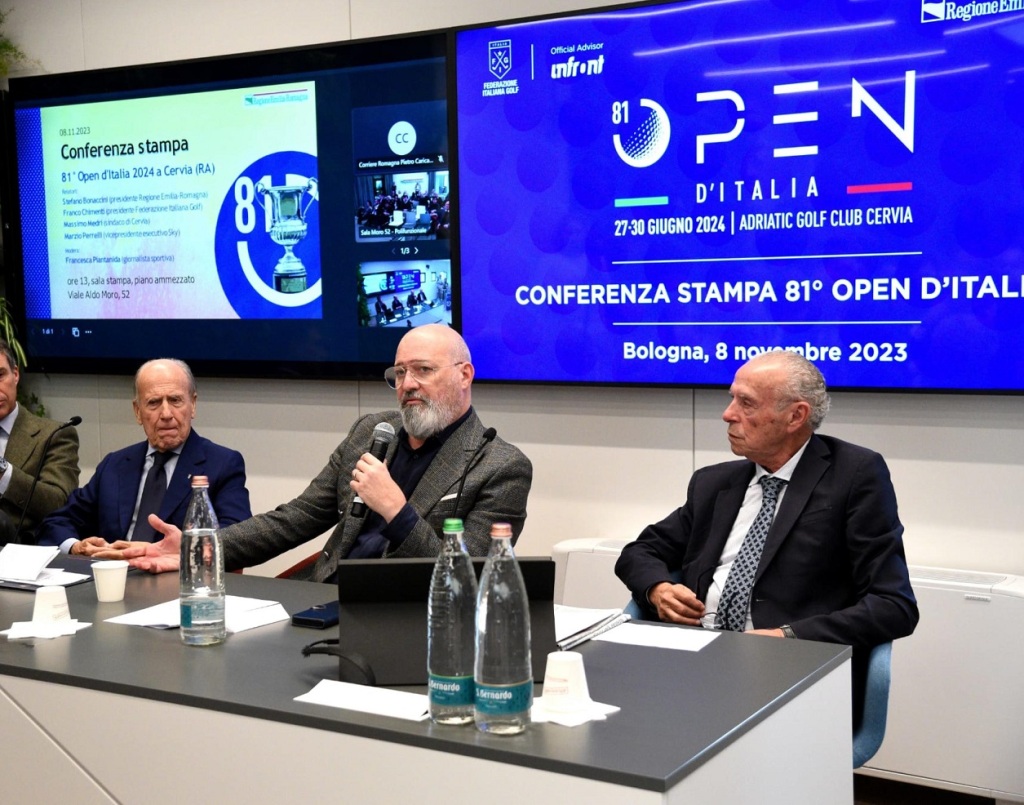 Franco Chimenti, Stefano Bonaccini, Massimo Medri alla presentazione dell'Open d'Italia di golf (Foto Ansa)